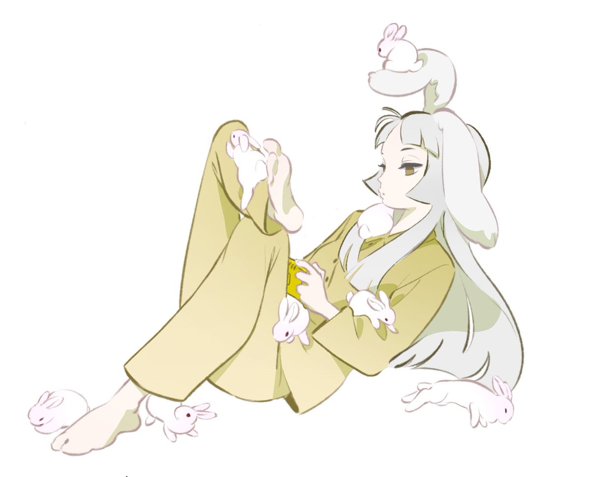 1girl rabbit long hair barefoot animal ears white background grey hair  illustration images