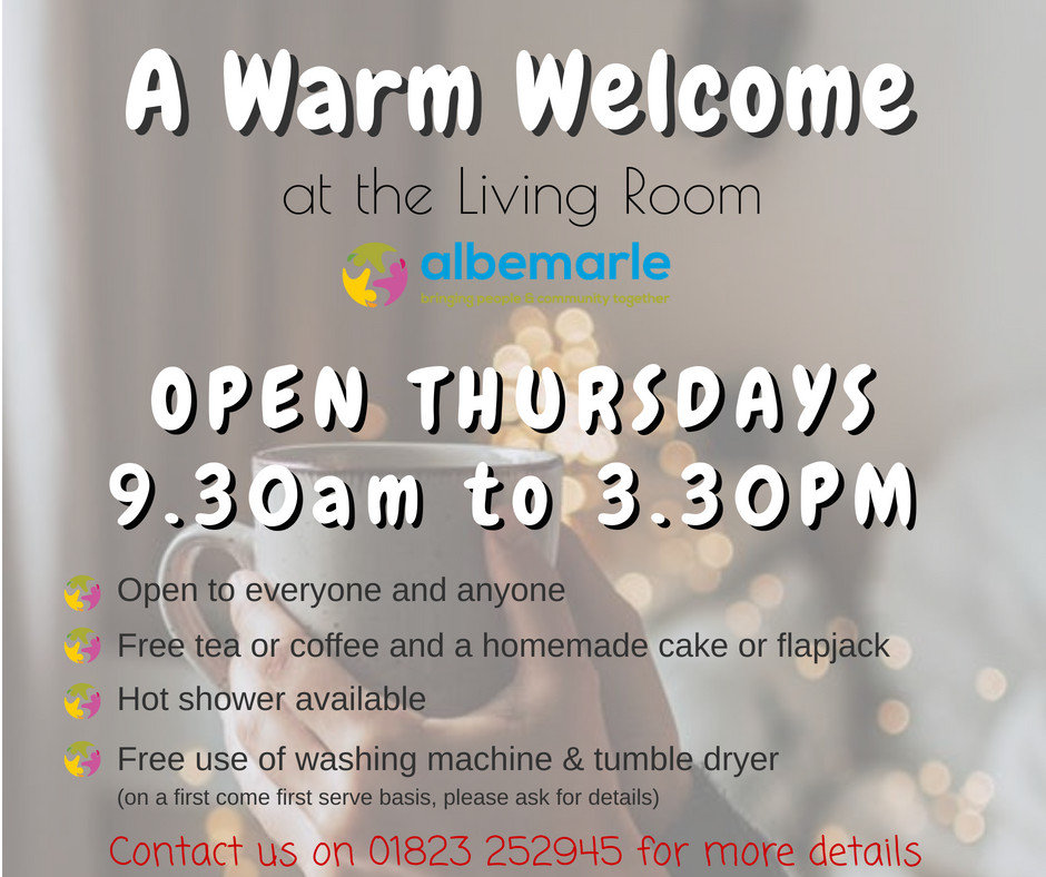 We are pleased to be able to offer the Living Room at the Albemarle Centre as a Warm Welcome. Meet up with friends or meet new ones, grab a free tea or coffee and slice of homemade cake or flapjack from our cosy and friendly cafe. Sit back and have a chat.