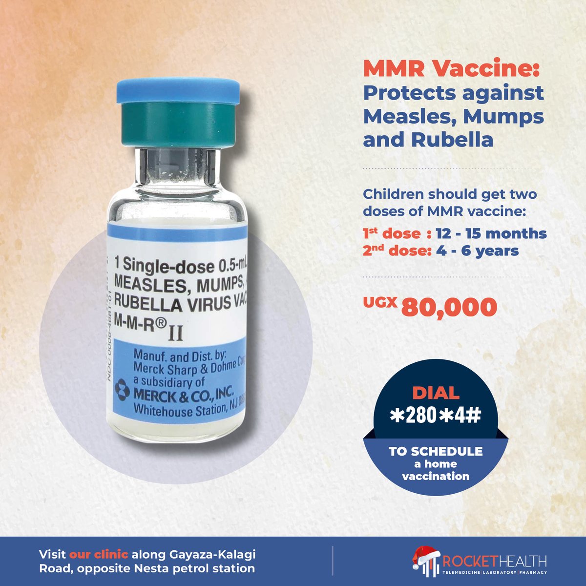 The #MMRvaccine protects children against three highly contagious viruses (measles, mumps, and rubella) 

Dial *280*4# for home immunization services.

Or: Visit the @RocketHealthUG clinic along Gayaza-Kalagi road.📍Location Pin > bit.ly/rocket-health-…