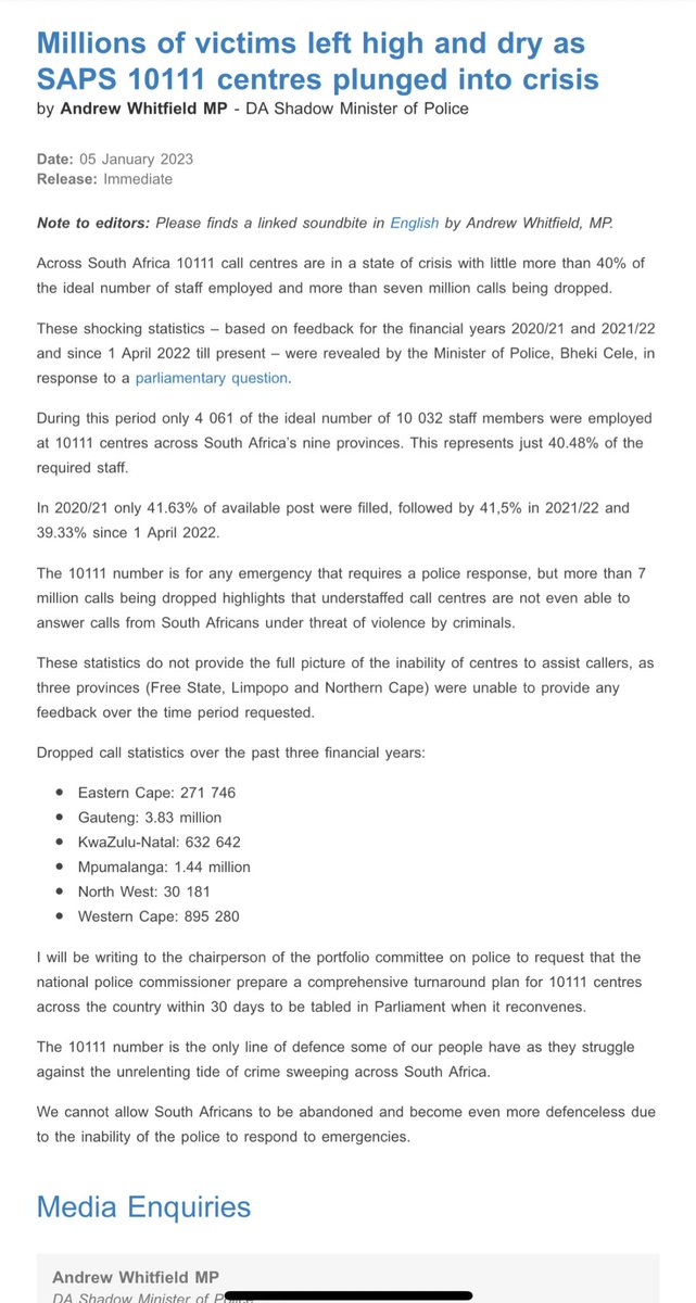 andrewhitfield's tweet image. EXPOSED: @SAPoliceService 10111 centres plunged into crisis! 40% staffed and over 7 million dropped calls over three years.