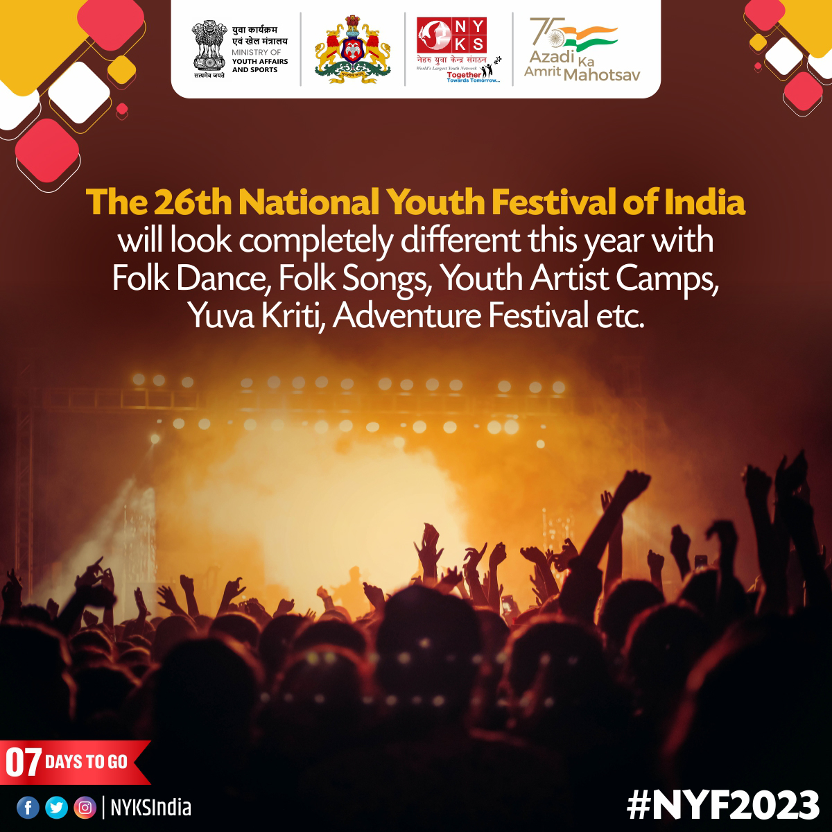 The 26th National Youth Festival of India will look completely different this year with Folk Dance, Folk Songs, Youth Artist Camps, Yuva Kriti, Adventure Festival etc. For more info visit: nationalyouthfestival2023.com #NYF2023 #NYKSYouthFestival #NationalYouthFestival #Youth