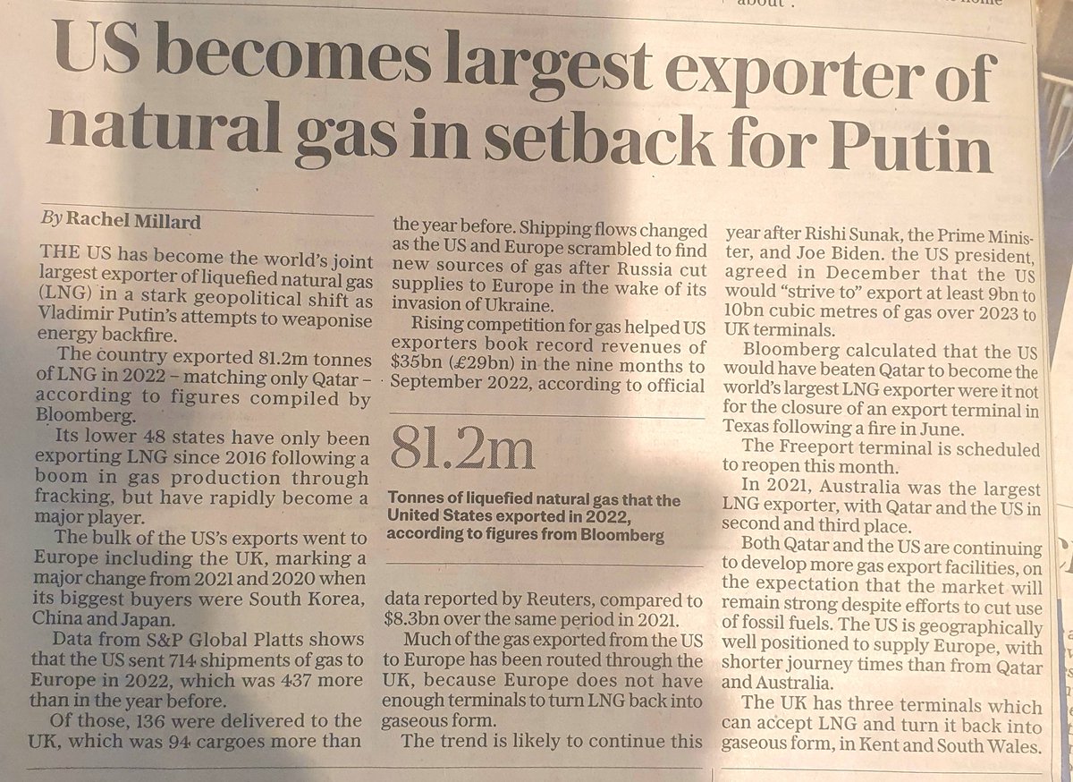 TheEnquirer4's tweet photo. Read this comrades & ponder that US exported gas is all fracked from US shale reserves. The UK has massive reserves of deep shale gas that it dare not frack because of an EU ban, so we import gas at inflated premium rates & pay extra fir shipping & processing. Clever? https://t.co/CoPkXC80B5