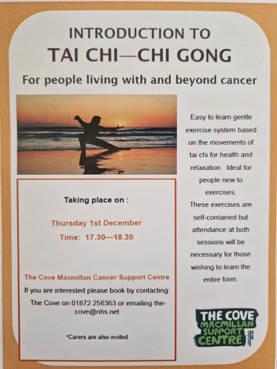 The Cove Macmillan Support Centre (@covemacmillan) on Twitter photo New Year, new events and continuing on-going free support at the Cove! Including free massage, reiki, chi gong, yoga and more. Get in touch at 01872 256 363 or thecove@nhs.net to book #chigong #massage #relaxation #cancerTwitter #yogaforrelaxation #cancersupport New Year, new events and continuing on-going free support at the Cove! Including free massage, reiki, chi gong, yoga and more. Get in touch at 01872 256 363 or thecove@nhs.net to book #chigong #massage #relaxation #cancerTwitter #yogaforrelaxation #cancersupport