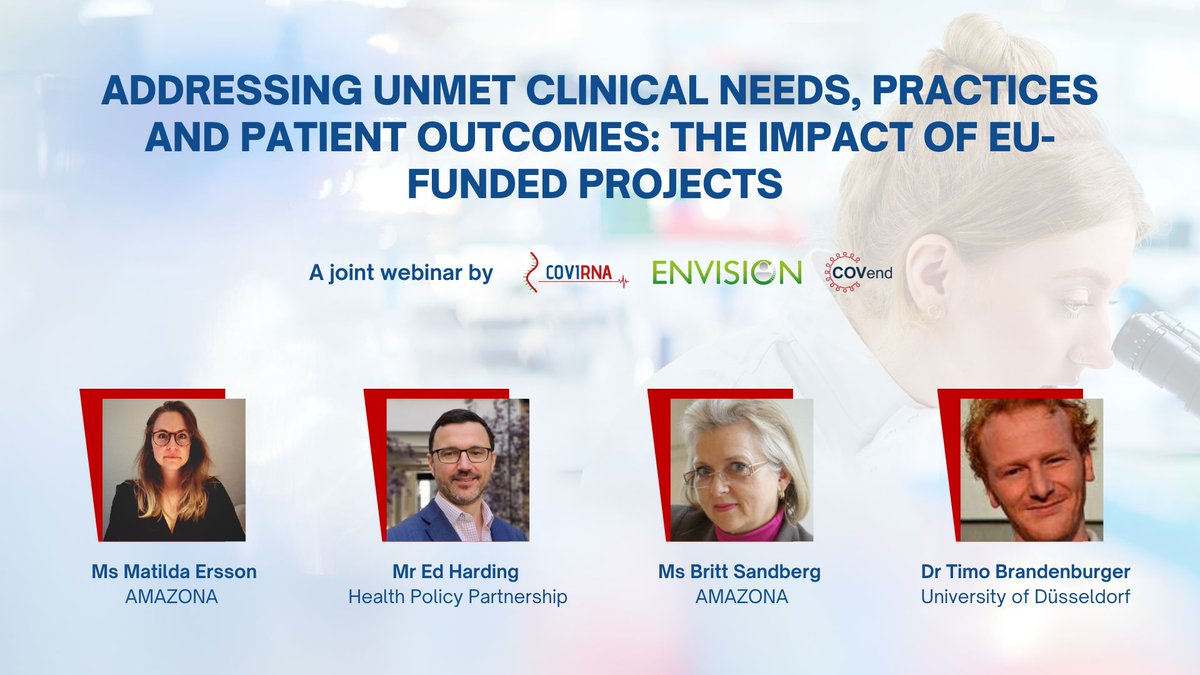 Covirna_EU's tweet photo. The panel discussion features different perspectives with Ed Harding @HealthPolicyPtp, Dr Brandenburger from University of Dusseldorf, and Brit Sandberg and Matilda Ersson from AMAZONA in representation of #patients.
#unmetclinicalneeds #COVend #ENVISION https://t.co/rYsRdojBGN