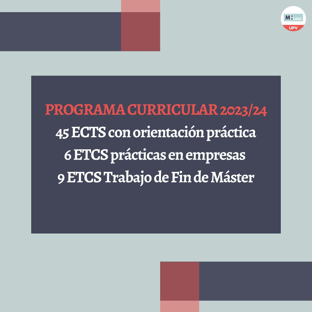 mueamaupv's tweet photo. Para el curso 2023/24 el #MUEAMA tiene un nuevo plan de estudios👀
✅45 ECTS con marcada orientación práctica
✅6 ETCS de prácticas en empresas y entidades colaboradoras del Departamento de #Economía y Ciencias Sociales
✅9 ETCS TFM
Pronto revelaremos las nuevas asignaturas😃 https://t.co/wZPPb0rqOV
