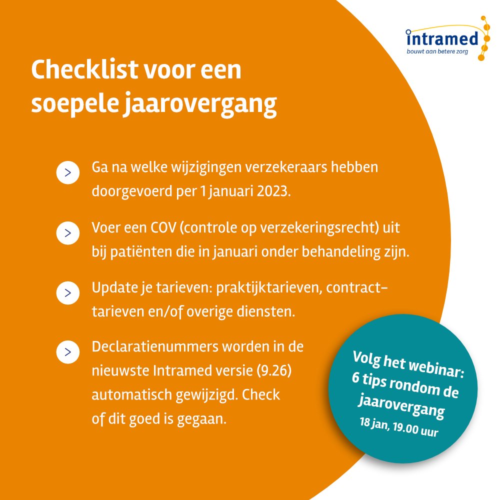 IntramedBV's tweet image. 🍾 Een nieuw kalenderjaar = tijd voor wat administratieve wijzigingen. Om niets te vergeten en stap-voor-stap te werken, hebben we een checklist voor je: bit.ly/3GjTMoJ

#jaarovergang #checklist #intramed #zorgsoftware #praktijksoftware