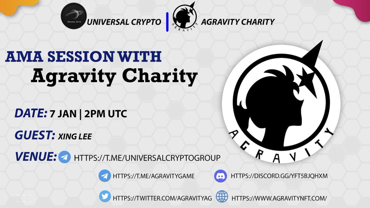 We are pleased to announce our Next  Text  AMA on 7th January 2023  at 2:00 PM UTC
<a href="/Cryptoproject05/">Universal Crypto</a>
X
@agravityAG
👉Reward: 10 WL 

👉For AMA details:

@UniversalcryptoGroup

👉Requirements:
Follow :-
@agravityAG
×
<a href="/Cryptoproject05/">Universal Crypto</a>