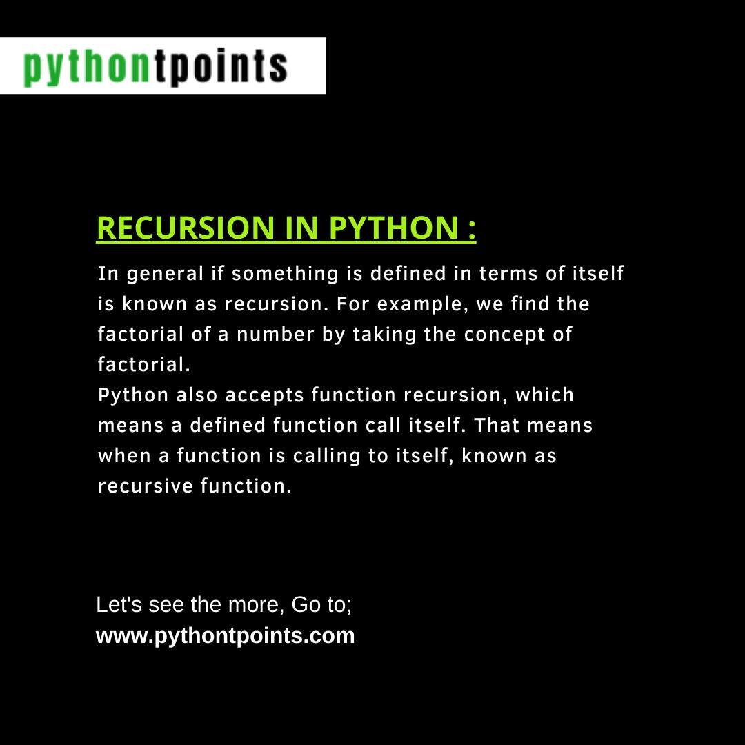 pythontpoint's tweet photo. Learn about Recursion Python with https://t.co/aky86yYzTo
#learning #learnfree #educatewithus #learnpythonfree #pythontpoints #SoftwareCourses #eduactionalpost #education #educational #educationforall #freetutorial #ProgramForAll #programmer #mltutorial #javatutorial #ai https://t.co/5xrcUxZ5tC