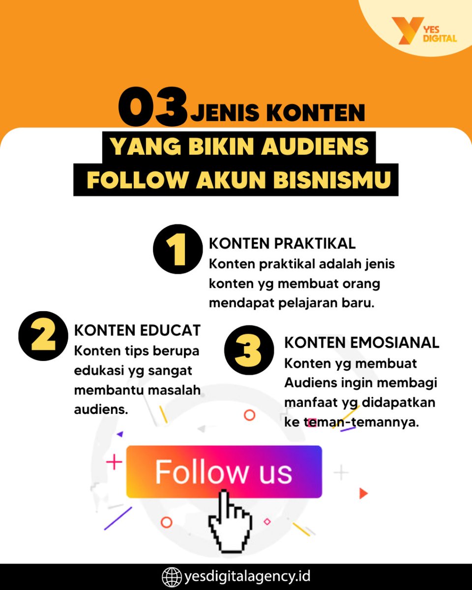 yesdigital__'s tweet photo. Berikut ini ada 3 jenis konten agar audiens follow akun bisnismu, Kira-kira dari ketiga jenis tersebut kalian sudah melakukan yang mana ya?

Cek website kami di link bio atau https://t.co/PFx8lnwOmV
FREE Konsultasi

#YesDigitalAgency #YesDigital https://t.co/slQJuT9sjH