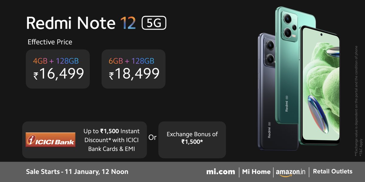 It's time to join the 5G revolution with the 5G #SuperNote - The #RedmiNote12 5G. Get ready to experience: - 120Hz Super AMOLED display - India Ready 5G - Snapdragon® 4 Gen 1 5G - 48MP AI Triple Camera - 33W fast charge Starting at an effective price of ₹16,499!