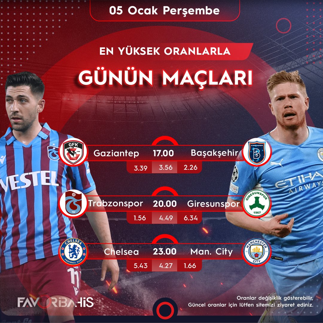 💥 Günün Öne Çıkan Maçları;

⚽️ 17:00  Gaziantep| Başakşehir
⚽️ 20:00 Trabzonspor | Giresunspor
⚽️ 23:00  Chelsea|  Man.City

❣️En yeni oyunlar ve yüksek oranlı bahis seçenekleri PronetGaming farkı ile #Favoribahis'te.!

🔗  favoriguncel.com/sosyal