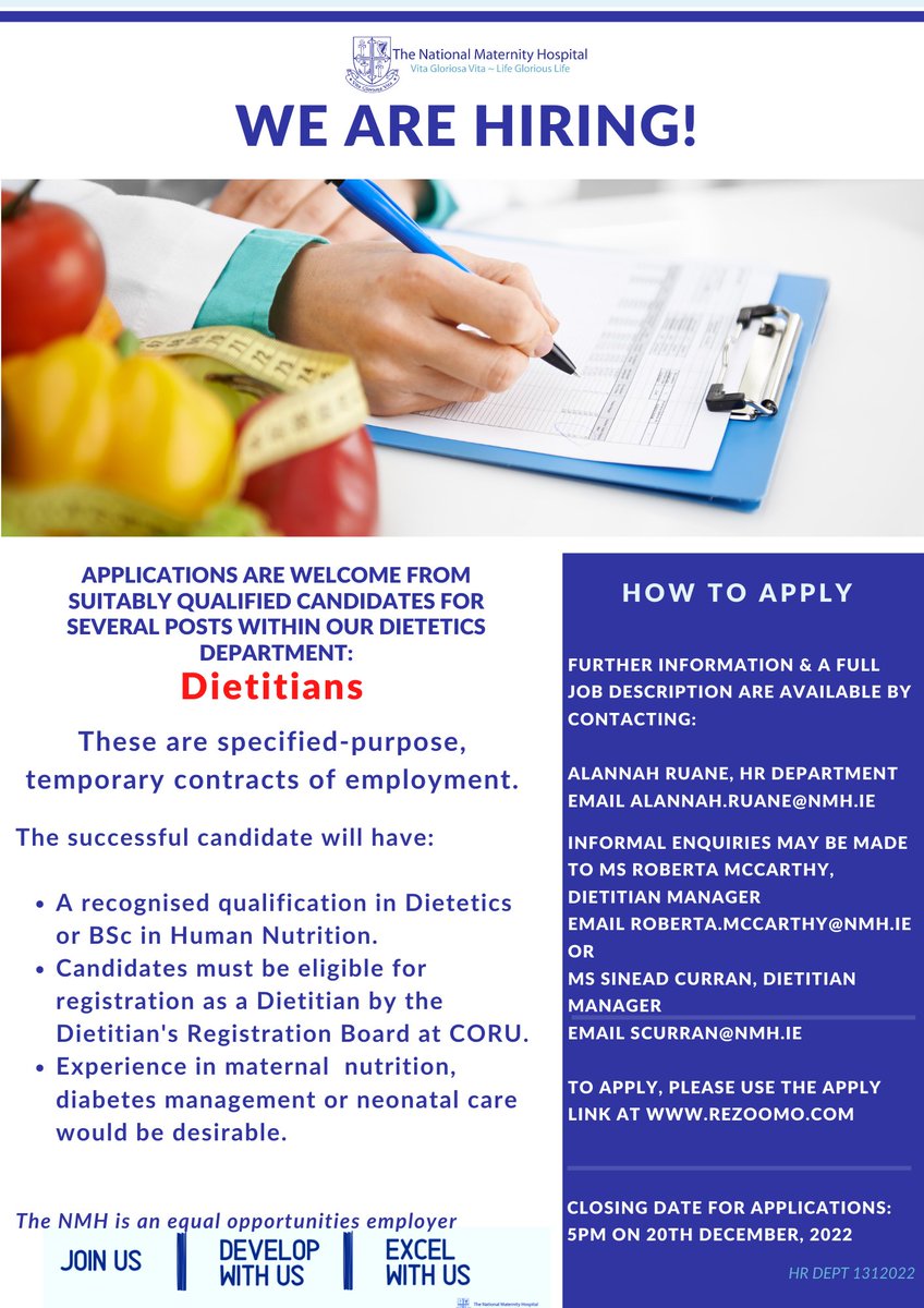 📢 Specified purpose contracts open for registered dietitians in both maternity🤰 and neonatal 👶care. 

Closing date 17th January. 

#IrishJobs #DietitianJobs