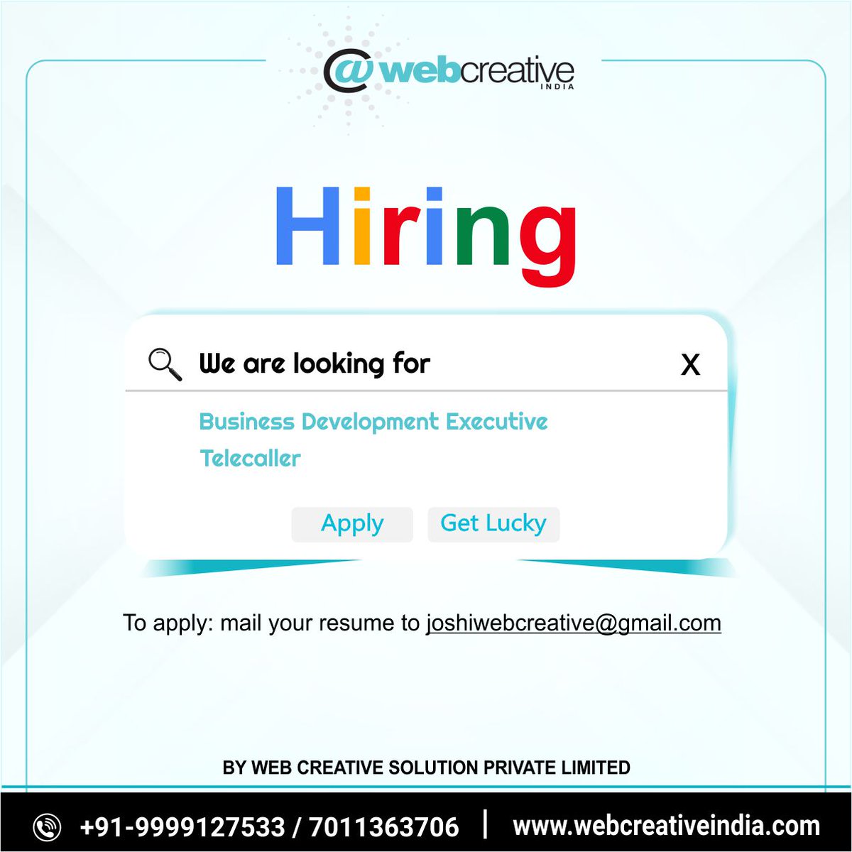 BipeenChander's tweet photo. ------ WEB CREATIVE SOLUTION PVT. LTD. ------
Hiring Business Development Executive
Language: English, Hindi
Experience: 3 years and above
Email: joshiwebcreative@gmail.com
Phone :  +91 999912753, 7011363706
Location: D-22 , Sector-3 , Noida
Salary offer: ₹20,000- ₹30,000/ https://t.co/Je4n67uM5R