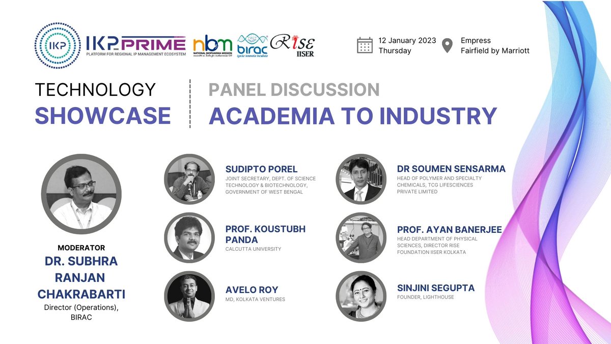 IKP_SciencePark's tweet photo. Join us for a #paneldiscussion on the topic #Academia to #Industry, as part of the #TechnologyShowcase being organised by our #RTTO @IkpPrime on 12th Jan #2023 at Fairfield by Marriot, Kolkata!

Register here: https://t.co/89CSGXyt2f https://t.co/guHN17VmjP