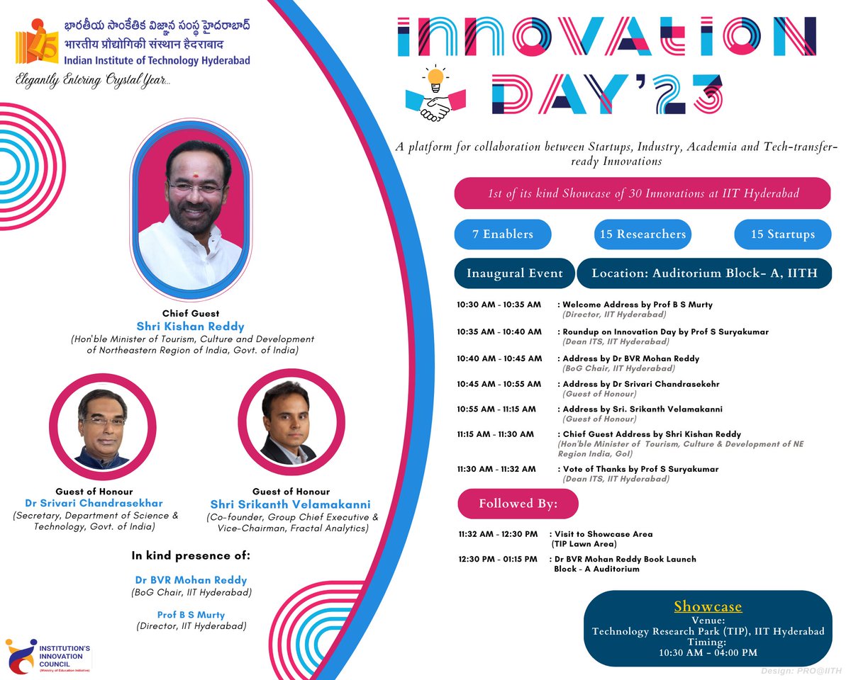 IITHyderabad's tweet photo. #IITH15Tends2Xcellence
#IITHIQ-Innovation Quotient
@IITHyderabad invites you to join us for a Showcase of 30 Innovations on occasion of #InnovationDay at #IITH a platform for collaboration between #Startups, #Industry, #Academia & tech-transfer-ready innovations on Jan 7, 2023 https://t.co/MdKYIAkyx7