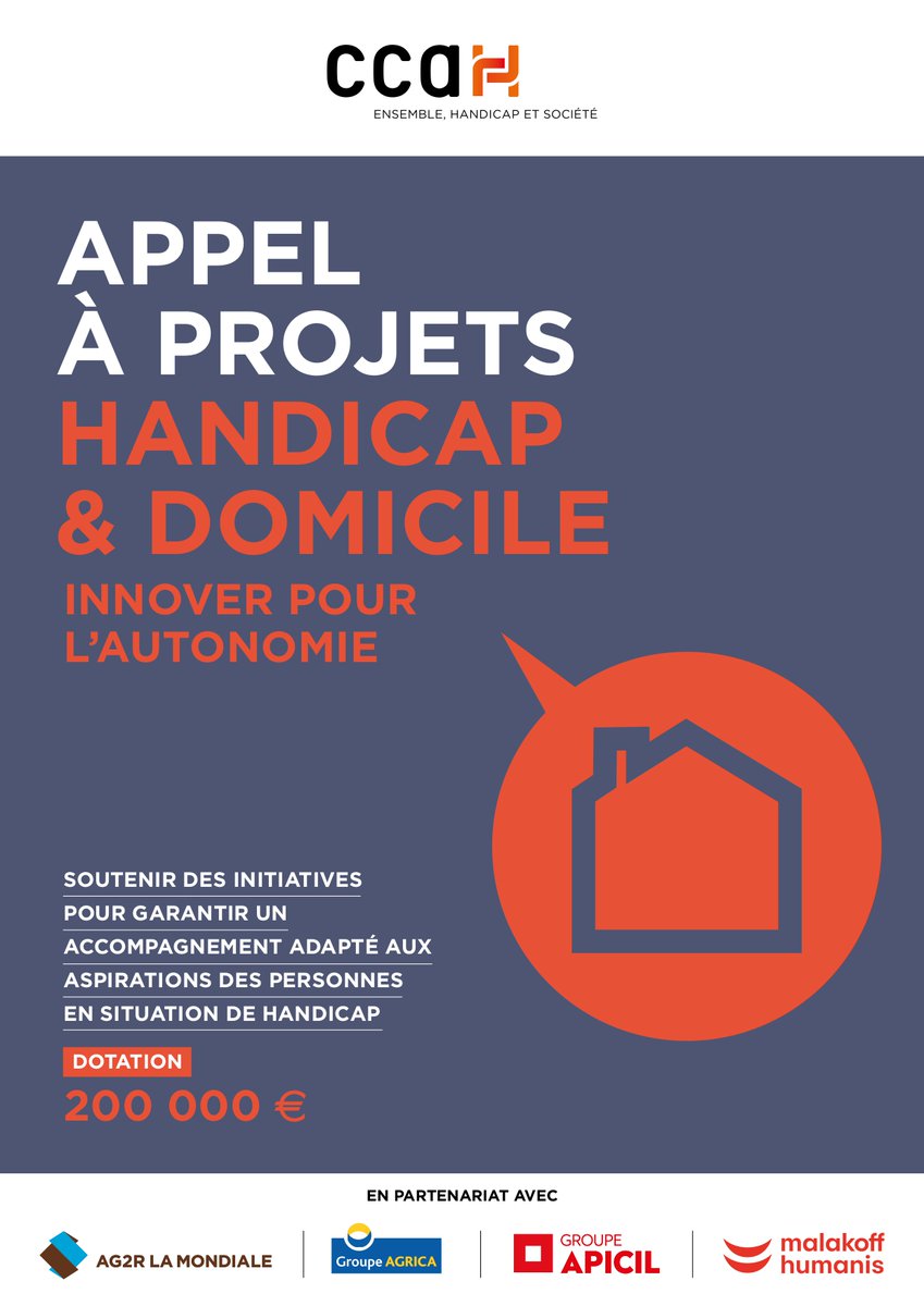 🚀 [C'EST PARTI]
Lancement de l'appel à projets " Handicap et Domicile - Innover pour l'autonomie "
Du 5 janvier au 17 février 2023 inclus
La dotation globale est de 200 000 €.
➡️Toutes les informations : ccah.fr/Appel-a-projet…
A noter : Un webinaire sera organisé le 26 janvier