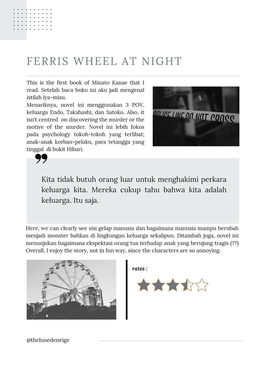 thelunedeneige's tweet photo. 📚 : Ferris Wheel at Night by Minato Kanae ( a review )
tags; #ReadingChallengewithLILI #GrobMart #GrobPrime #GrobMartxLILI @liliniim @grobmart https://t.co/jYHUJRSbKq