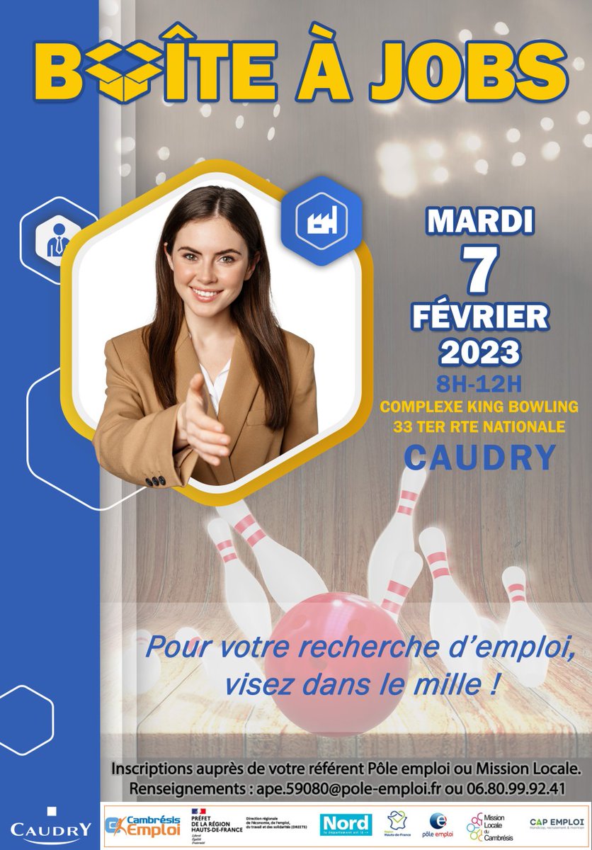 #TousMobilisés🎯
Quoi? La Boîte à Jobs
Où? Au complexe King Bowling Caudry
Quand? Le mardi 7 Février 2023
Comment? Mêler au sein des équipes, demandeurs d'emploi et recruteurs, afin de repérer des candidats susceptibles de correspondre aux postes.<a href="/VilleDeCaudry/">Ville de Caudry</a>  <a href="/JasniakSandrine/">Sandrine MASSON (JASNIAK)</a>