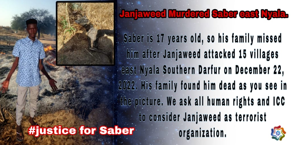 nuraldaim82's tweet photo. Saber is 17 years old, so his family missed him after Janjaweed attacked 15 villages east Nyala on December 22, 2022. His family found him dead as you see in the picture. We ask all human rights and ICC to consider Janjaweed as terrorist organization.
#justiceForSaber https://t.co/Qs9Iydom7x