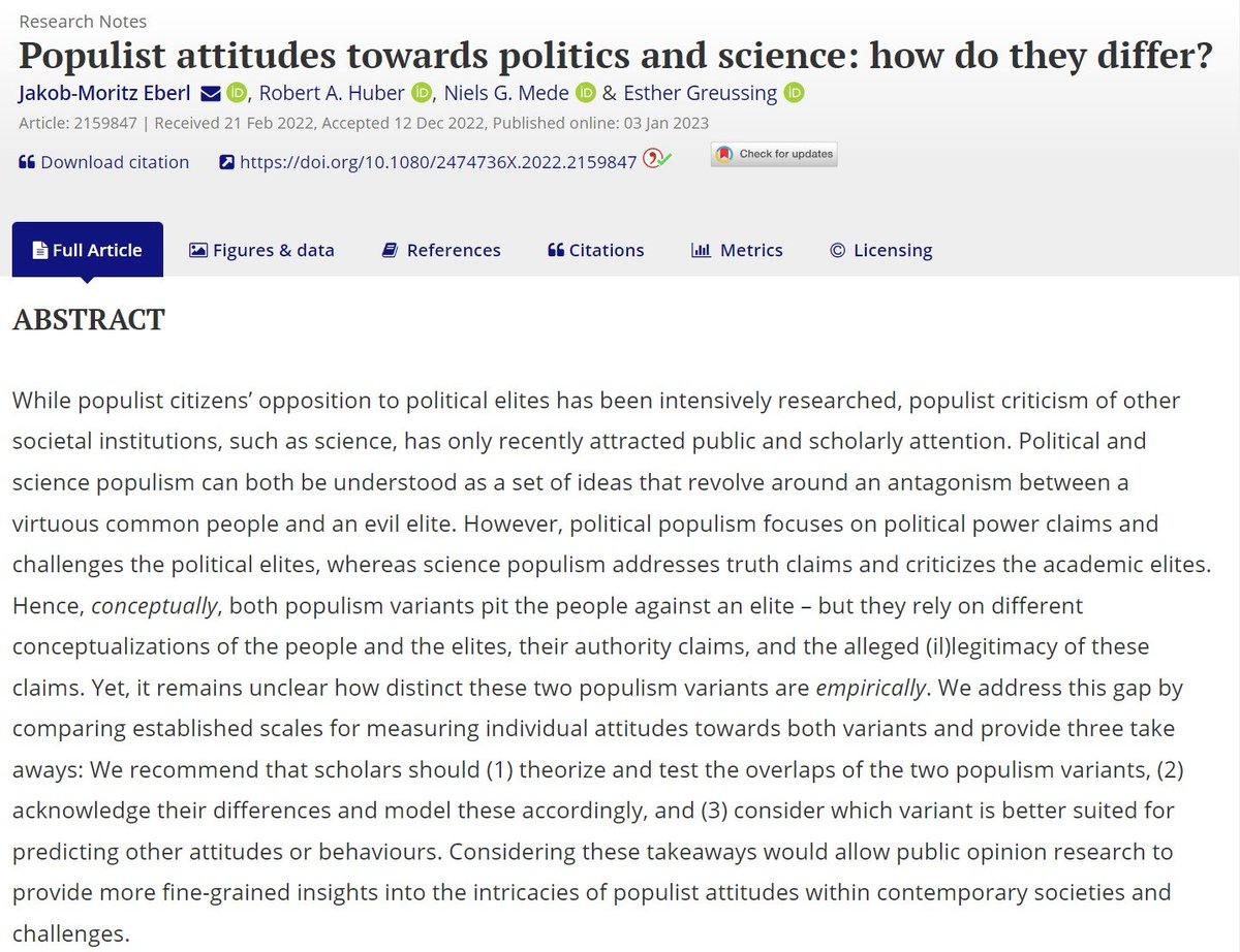 Niels G. Mede (@nielsmede) on Twitter photo How do #populist attitudes to politics vs science differ?
Our new survey study (w/ @EstherGreussing, led by <a href="/JaMoEberl/">Jakob-Moritz Eberl</a> <a href="/Robert_A_Huber/">Robert A. Huber</a>) suggests: Both attitudes…
🖇️ overlap (r=0.52)
🆚 are still distinct (separate factors)
🔀 have different correlates
📄 tandfonline.com/doi/full/10.10… How do #populist attitudes to politics vs science differ?
Our new survey study (w/ @EstherGreussing, led by <a href="/JaMoEberl/">Jakob-Moritz Eberl</a> <a href="/Robert_A_Huber/">Robert A. Huber</a>) suggests: Both attitudes…
🖇️ overlap (r=0.52)
🆚 are still distinct (separate factors)
🔀 have different correlates
📄 tandfonline.com/doi/full/10.10…