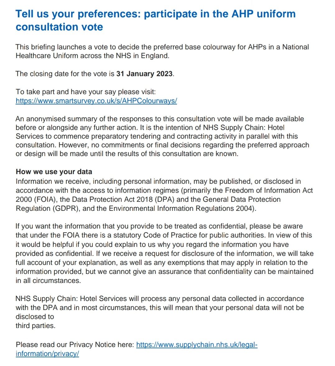 If you work as a #AHP in the NHS, you might be interested in this consultation about introducing a nationally standardised uniform across the NHS in England from The National Healthcare Uniform Project ⬇️.
🗓️ Closing date: 31/01/2023
supplychain.nhs.uk/categories/hot…