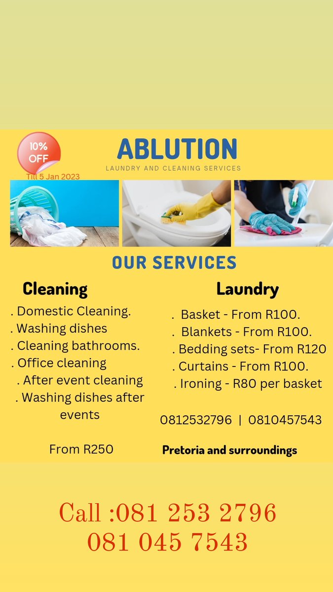 For all your cleaning and laundry services around Pretoria and surrounding areas
Contact 0812532796 or 0810457543

 #CapeTown #Musa #naledi #TheWifeShowmax #TheQueenMzansi #Frame4 #Mbalula #Tymebank #Vendatwitter #VhuvhambadziDrive #DjSbu  #GirlTalkZA