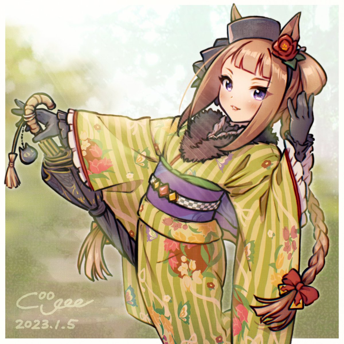 1girl kimono animal ears japanese clothes umbrella solo gloves  illustration images