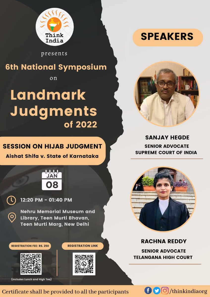 thinkindiaorg's tweet photo. 𝟔𝐭𝐡 𝐍𝐚𝐭𝐢𝐨𝐧𝐚𝐥 𝐒𝐲𝐦𝐩𝐨𝐬𝐢𝐮𝐦 𝐨𝐧 𝐋𝐚𝐧𝐝𝐦𝐚𝐫𝐤 𝐉𝐮𝐝𝐠𝐦𝐞𝐧𝐭𝐬 𝐨𝐟 𝟐𝟎𝟐𝟐

It's enthralling to introduce you with prolific orators and our distinguished guests for an interesting session on the Hijab Judgment (Aishat Shifa v. State of Karnataka). https://t.co/FeMtbS6QB1
