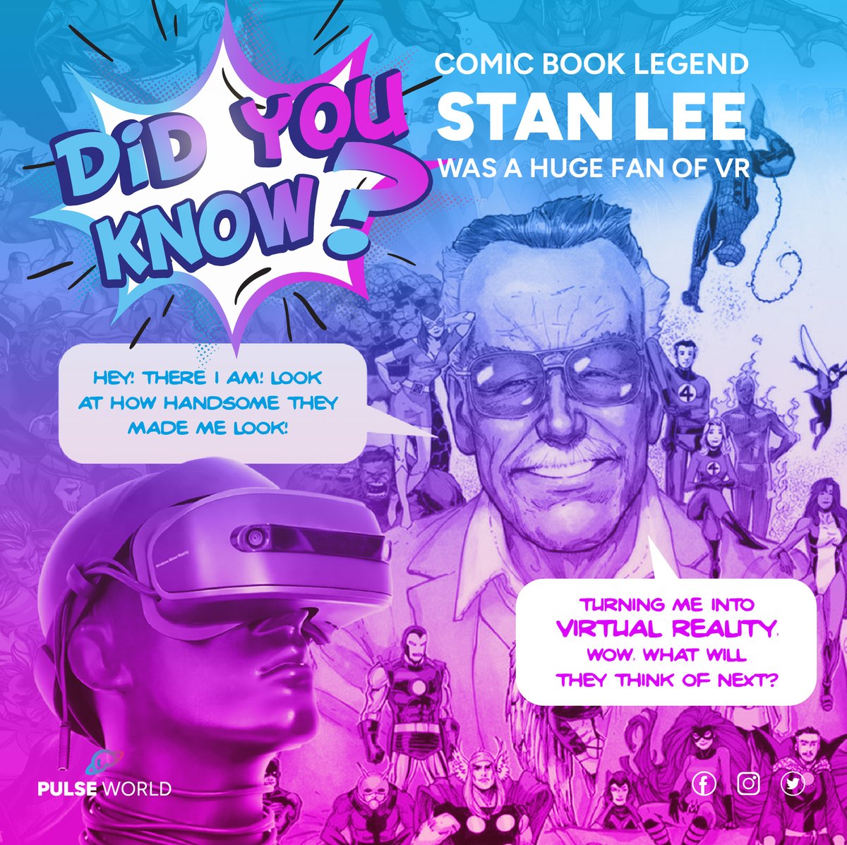PulseSocials's tweet photo. Did You Know? Hollywood veteran and comic book legend the late Stan Lee was a staunch fan &amp; a strong supporter of Virtual Reality.  Over 6 years ago, Lee sought out ‘Legend VR’ to helm his project – Cosmic Crusaders, which created a VR version of Stan Lee. https://t.co/DDSBHT9CY0