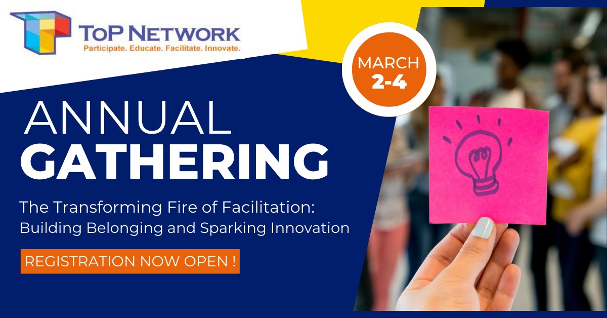 ToPFacilitation's tweet photo. The ToP Network Annual Gathering is a virtual event to bring together ToP Network members and ToP practitioners for three days of laughter, learning, sharing and participation. Will you be there? https://t.co/iGkY8p7puL
#TNAG2023 #ToPNetwork #facilitation #ToPfacilitation https://t.co/S5voHj2tNZ