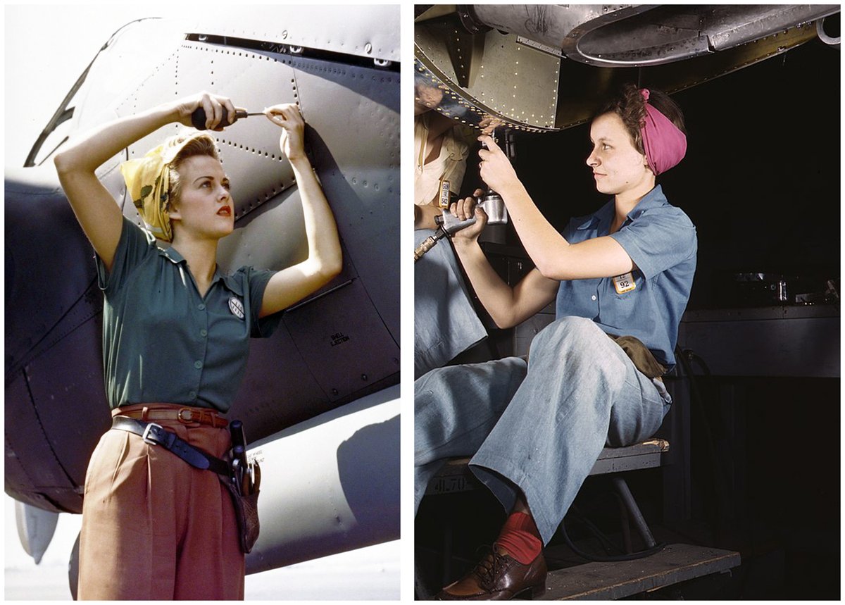 Photo thread of women working on aircraft production in American factories during WW2. Many would sign up after seeing a recruitment poster, aka 'Rosie the Riveter'. A song verse from 1943 goes: “She’s making history, working for victory, Rosie the Riveter” 🧵1/9