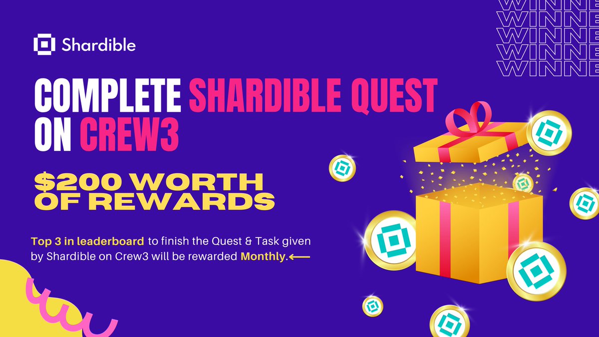 Shardible (building on Shardeum) (@shardible) on Twitter photo Attention all <a href="/shardible/">Shardible (building on Shardeum)</a> fans! We are excited to announce that our quests will now be featured on Crew3.
Get a chance to win $200 for the top 3 players on the leaderboard.
Join us on Crew3 & show off your shard-collecting skills! #Crew3 #SHM #Shardeum
shardible.crew3.xyz/questboard Attention all <a href="/shardible/">Shardible (building on Shardeum)</a> fans! We are excited to announce that our quests will now be featured on Crew3.
Get a chance to win $200 for the top 3 players on the leaderboard.
Join us on Crew3 & show off your shard-collecting skills! #Crew3 #SHM #Shardeum
shardible.crew3.xyz/questboard