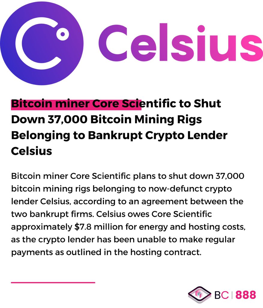 Blockchain888_'s tweet photo. ❗️
Bitcoin miner Core Scientific to Shut Down 37,000 Bitcoin Mining Rigs Belonging to Bankrupt Crypto Lender Celsius
#Cryptocurrency #Bitcoin #CoreScientific #CelsiusNetwork #BTC #Mining https://t.co/CgkOR2bA4K