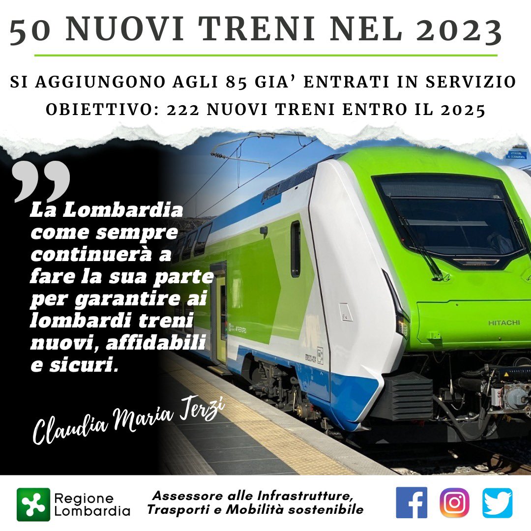 ✅ Altri 50 nuovi #treni entro fine 2023 che si aggiungono agli 85 già entrati in servizio. 
Obiettivo: 222 nuovi treni entro il 2025 per un #investimento totale di circa 1,7 miliardi di euro da parte di #RegioneLombardia. La #Lombardia come sempre continuerà a fare la sua parte!