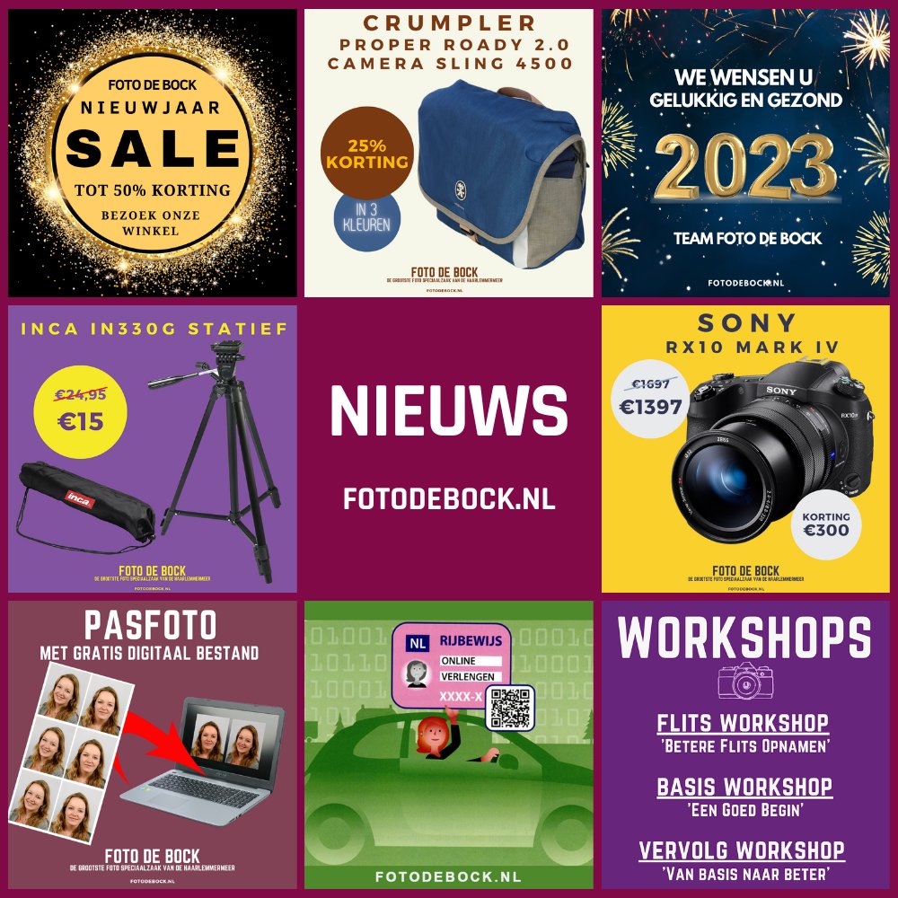 #FotoDeBock #Nieuws 5-1-2023 

fotodebock.nl/foto-de-bock-n… 

WIN EEN ACTION CAM: eepurl.com/bMYXKn 

#NieuwjaarSale #50ProcentKorting #SALE #gelukkignieuwjaar #gelukkig2023 #INCAstatief #CrumplerTassen #SonyRX10IV #Kadobon #Workshop #Actie #FotoDeBockNieuws