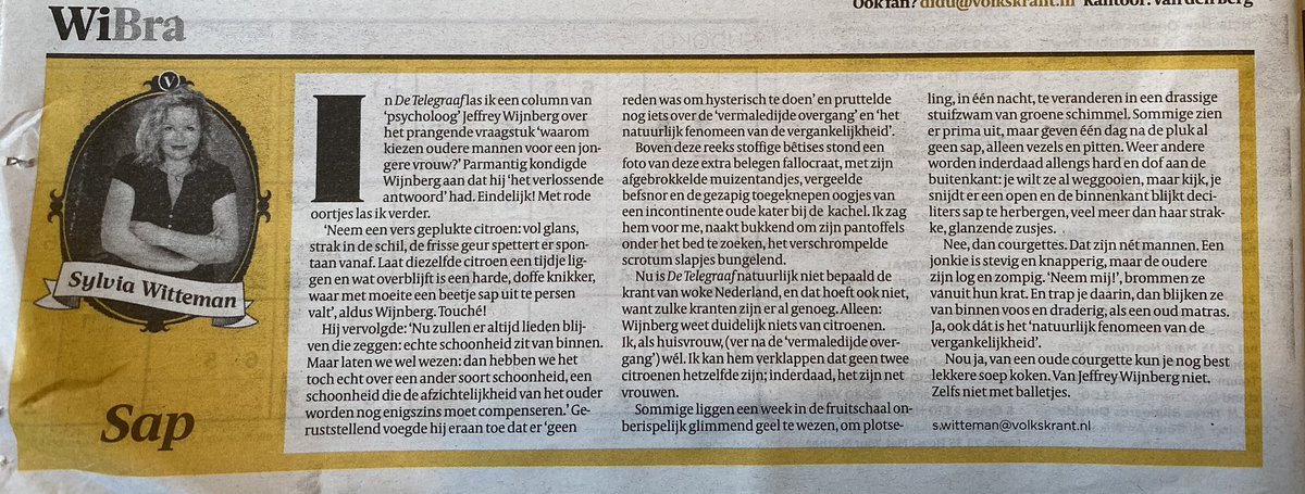 Ik lees geen <a href="/telegraaf/">De Telegraaf</a> maar toch weer #stomverbaasd hoe zij de krant vullen. Gelukkig hebben we <a href="/sylviawitteman/">Sylvia Witteman</a> die de #column van psycholoog <a href="/JeffreyWijnberg/">Jeffrey Wijnberg</a> op kostelijke wijze parodieert <a href="/volkskrant/">de Volkskrant</a>