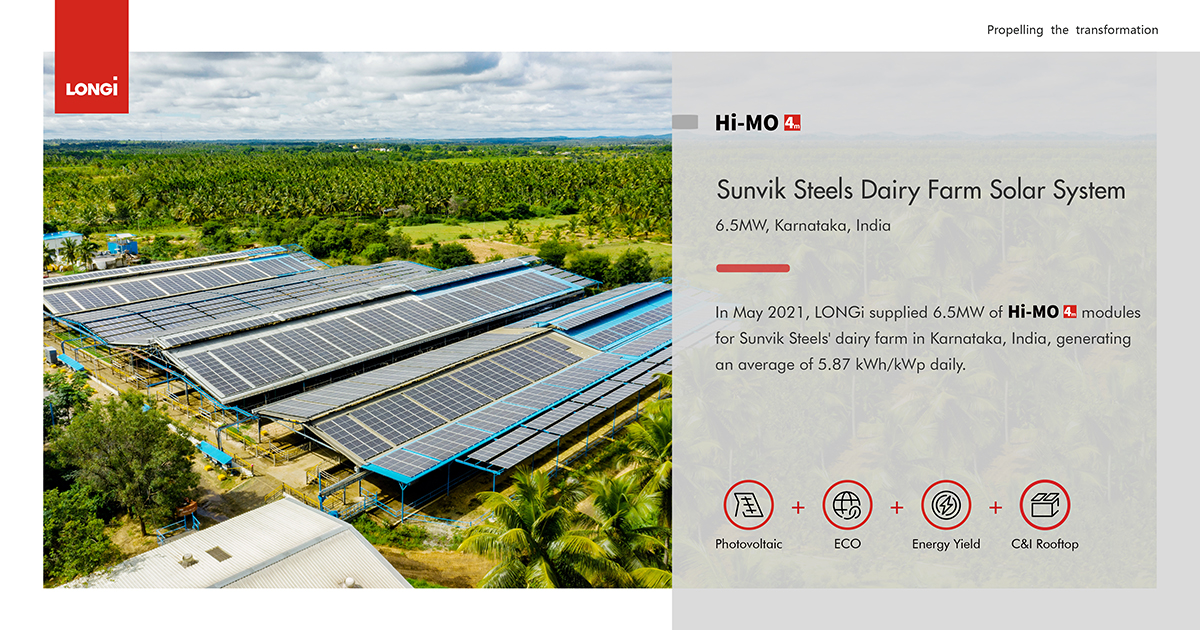 longi_solar's tweet photo. With our EPC partner @dexlerenergy, #LONGi supplied 6.5MW of #HiMO4m modules for the solar system at the dairy farm of @Sunvik_Steels, one of the largest steel manufacturers in Karnataka, #India in May 2021. On average, it produces 5.87 kWh/kWp of clean energy daily! #LONGiCase https://t.co/Ie5cmw86cZ
