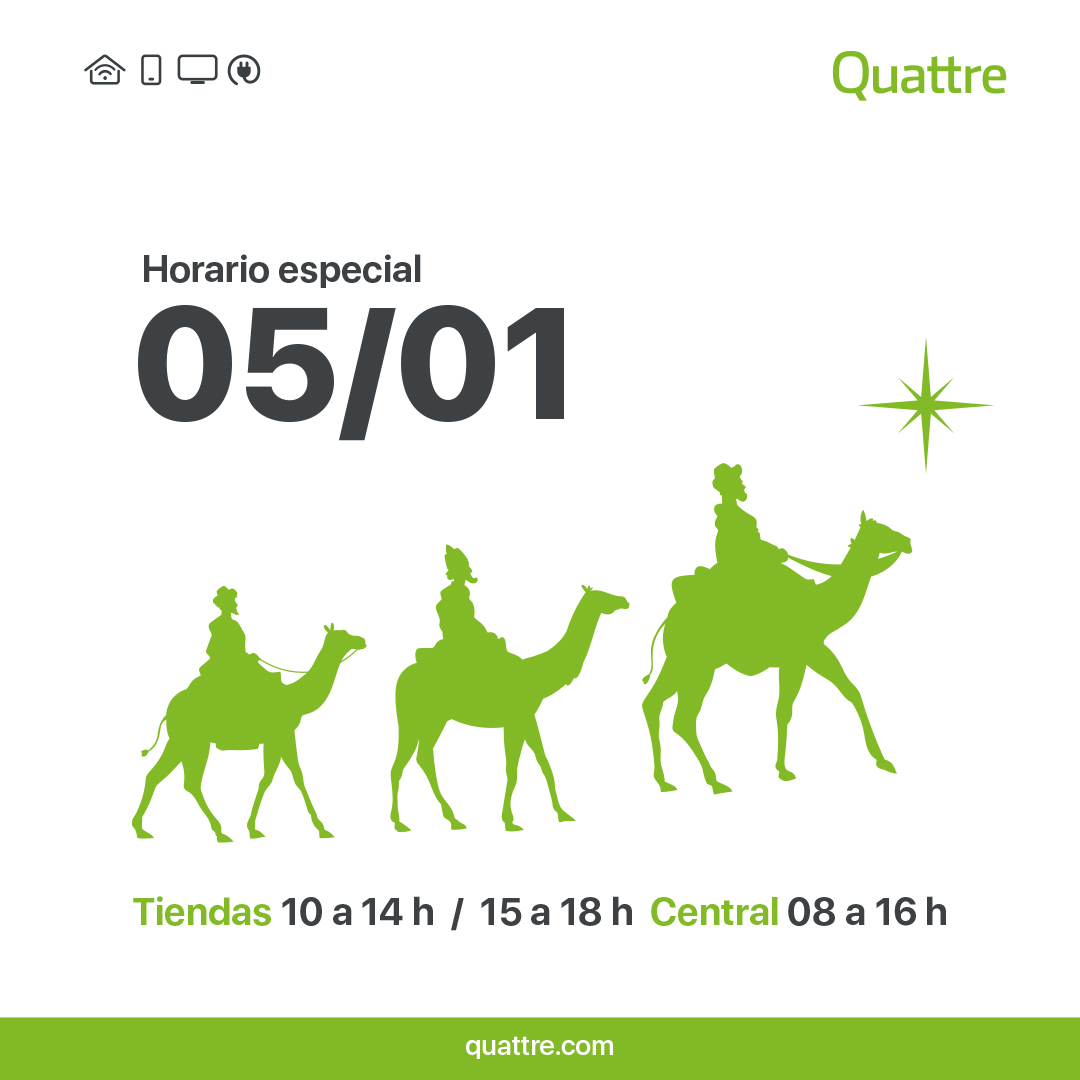 🐪 #Horariespecial 🐪

Hui, les nostres tendes, faran un horari diferent, perquè hem d'anar a esperar als reis mags 😬

👉 Rafelbunyol - 08:00h a 16:00h 
👉 Altres tendes - 10:00h a 14:00h i 15:00h a 18:00h

I després, tots a la cavalcada 🥳

WhatsApp 📲 quattre.com/tiendas