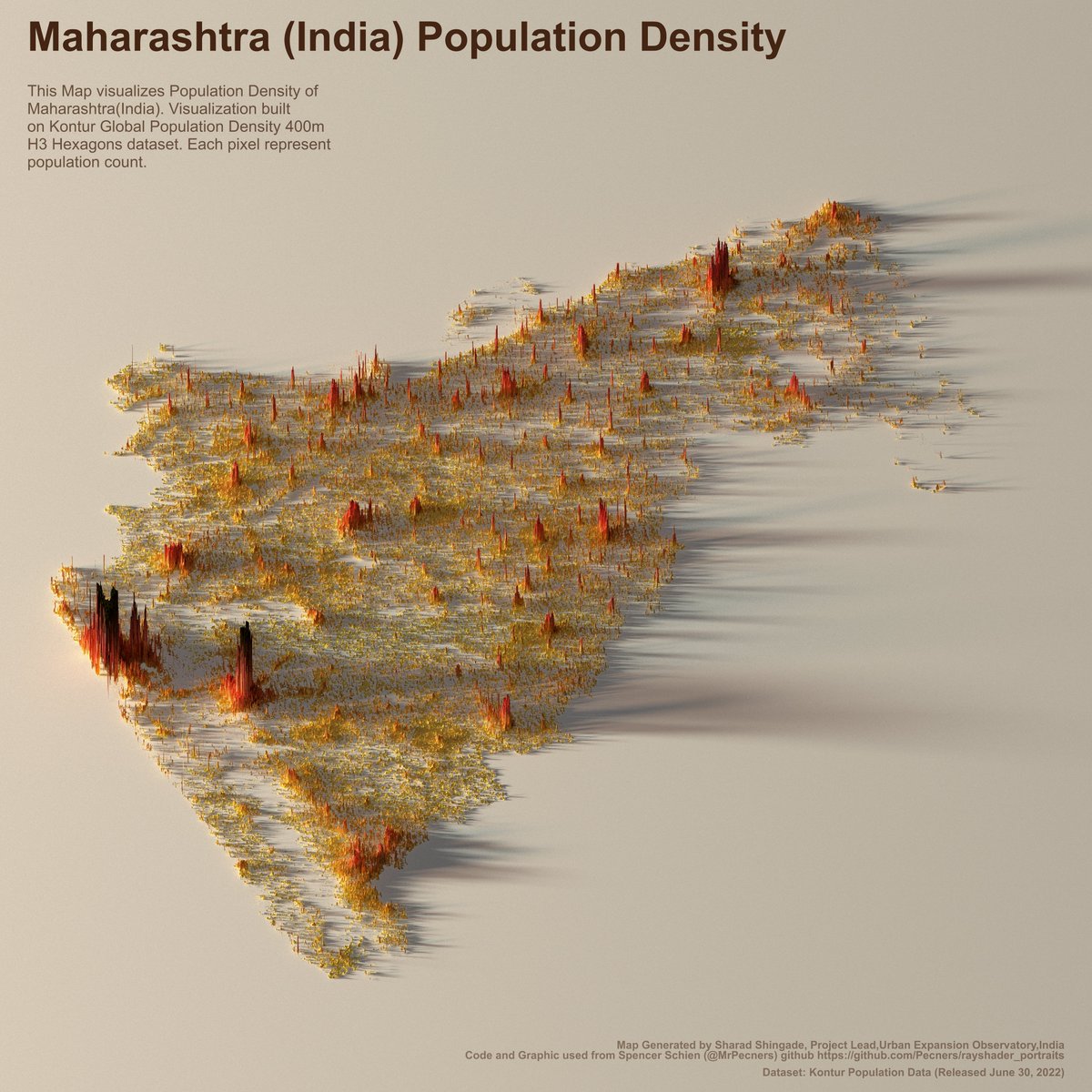Sharad18Aug's tweet photo. Population Density of Maharashtra based on @KonturInc  Global Population Density 400m H3 Hexagons dataset. Inspiration of visualization from @MrPecners and @tylermorganwall . #maharashtranews #population #geospatial #rayshader #RStats #GIS #spatial #Map https://t.co/23J0313nSV