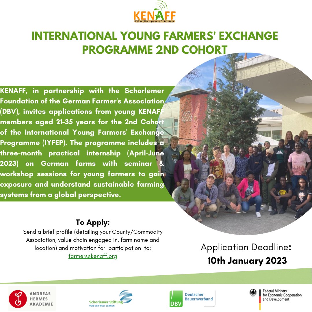 Are you a KENAFF member aged 21-35 years who wishes to gain hands-on skills and exposure to farming practices in Germany? Applications  are now open for the 2nd cohort of the International Young Farmers' Exchange Program. Send your application by 10th January 2023.
#Youth
#IYFEP