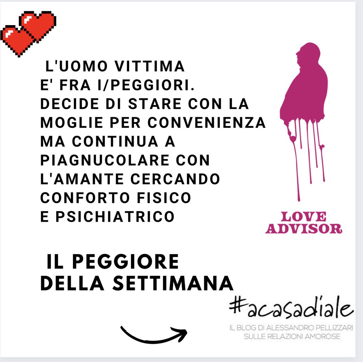 anpellizzari's tweet photo. #loveadvisor #amante
#ilblogdialessandropellizzari #amore #amanti #ilmionuovolibro #relazioniamorose #uominichenonamano #uominidaevitare #iconsiglidiLoveAdvisor #acasadiAle #profilidiuomini #profilimaschili #storiediamanti
https://t.co/wh9w0PKSfW https://t.co/QOSLQtNcF1