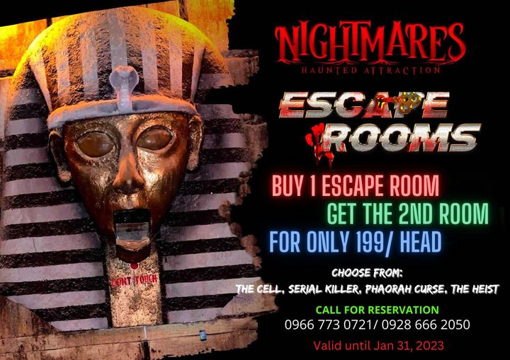 Are you up for a challenge? Here's our ESCAPE ROOM PROMO for this Month!
Grab it now! Buy your tickets at nightmaresmanila.com

BOOK YOUR TICKETS NOW! :)