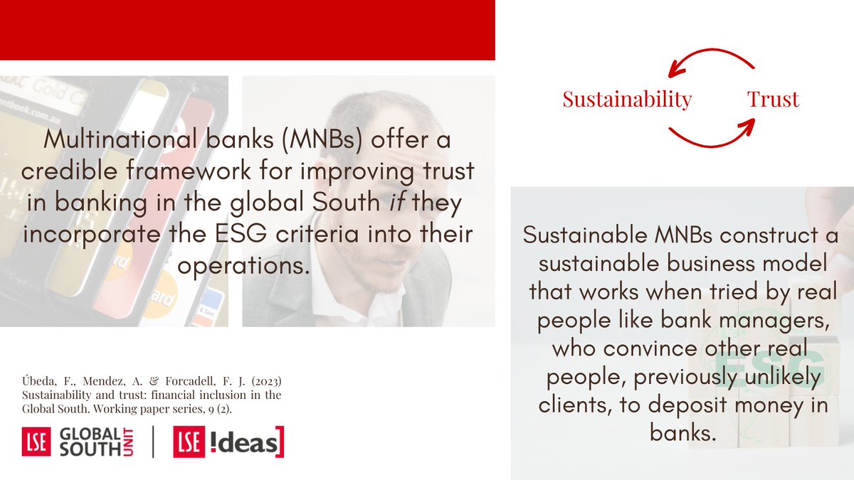 LSE_Globalsouth's tweet photo. Curing mistrust in banking🏦should unlock financial access (#SDG8) and #MNBs may be best positioned to lead the way in the Global South.

Úbeda, @alvaroimendez &amp; @fjforcadell make the case with a sample of 82,724 individuals from 40 developing countries in https://t.co/QYpcbiuVWJ https://t.co/Q6kwFm1fQN