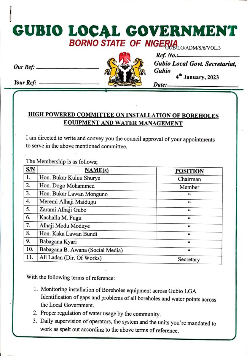 BulamaMali's tweet photo. GUBIO Breaking News:

The TC Chairman of Gubio L.G.A, Hon. Mali declared operation "0" water queue in Gubio.

...Appoints high-powered committee and gave two(2) weeks ultimatum to achieve the said objective. https://t.co/31TI87h2DS