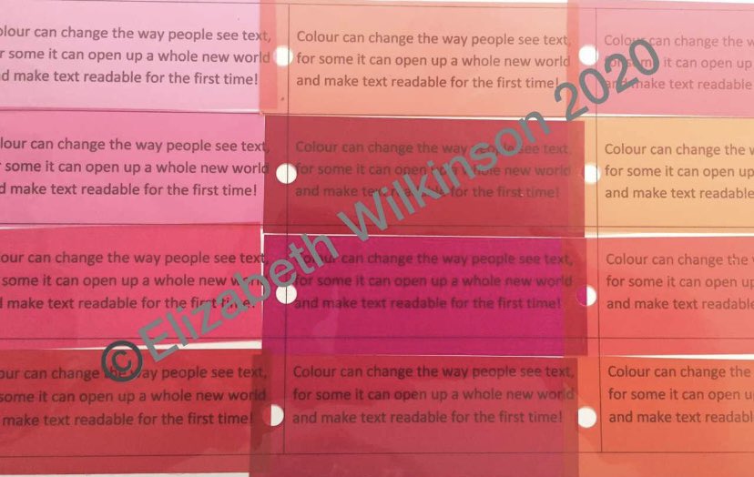 EliTheDDC's tweet image. Overlays don’t help dyslexia, they help with #VisualStress, sometimes called Irlen Syndrom used to be Mears Irlen Syndrome (in honour of the two who discovered it), originally called Scotopic Sensitivity Syndrome! Be aware that there are SO many variations of colours: eg pink👇🏽 x