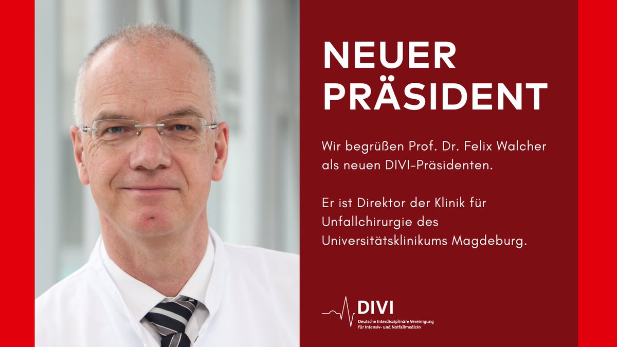 Professor Felix Walcher ist neuer Präsident der DIVI. Die kommenden zwei Jahre wird der Direktor der Klinik für Unfallchirurgie am <a href="/unimedmagdeburg/">Universitätsmedizin Magdeburg</a> die Fachgesellschaft führen. Das Konzept der DIVI sei sehr klug, betonte er in seiner Antrittsrede: bit.ly/divi-praesident