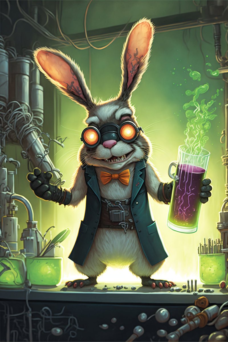 _poko18_'s tweet photo. GPT3 generated the prompt for scientist rabbit with a knack for inventing! 🧑‍🔬🔥 Check out the prompt in the alt! #AIart #AIartist #midjourney #NFT #digitalart https://t.co/FrsjA3VYJK