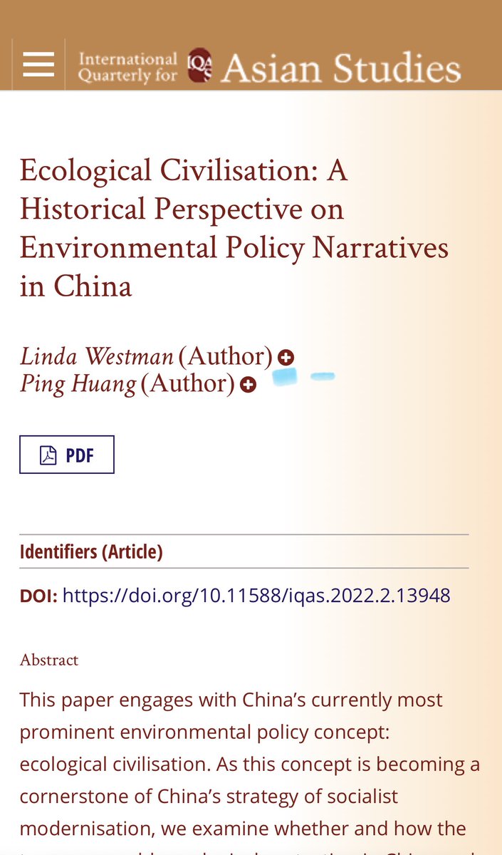 Have you read this paper by our Linda Westman and <a href="/huang_ping1987/">Ping Huang</a> on Ecological Civilisation: A historical perspective on environmental policy narratives in China? In International Quarterly for Asian Studies. Available here: hasp.ub.uni-heidelberg.de/journals/iqas/…
