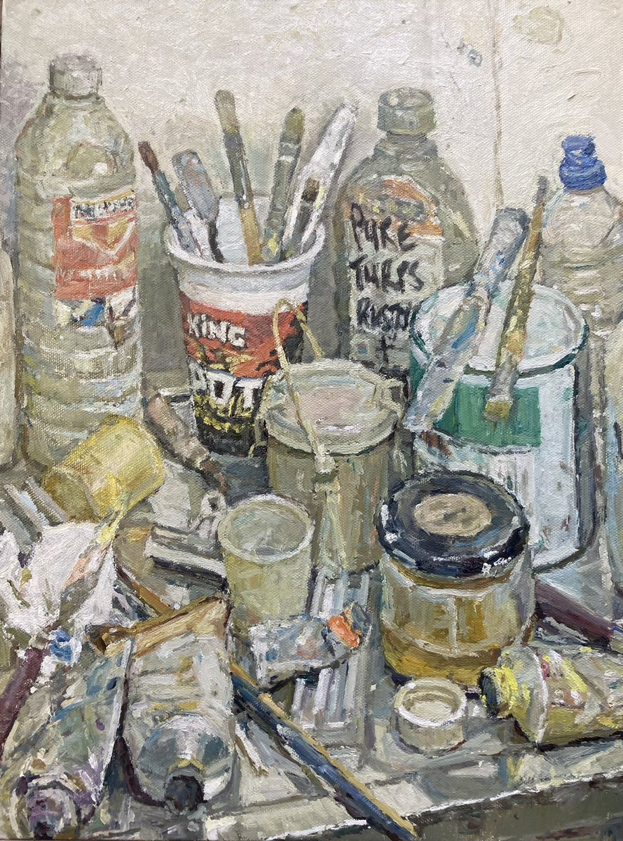 Adam_Ralston's tweet photo. Paint, brushes &amp; turps (40cmx30cm)

#stilllifepainting #rustins #bartoline  #turpentine #potnoodle #oilpaint #painttubes https://t.co/anVpZGVZiZ