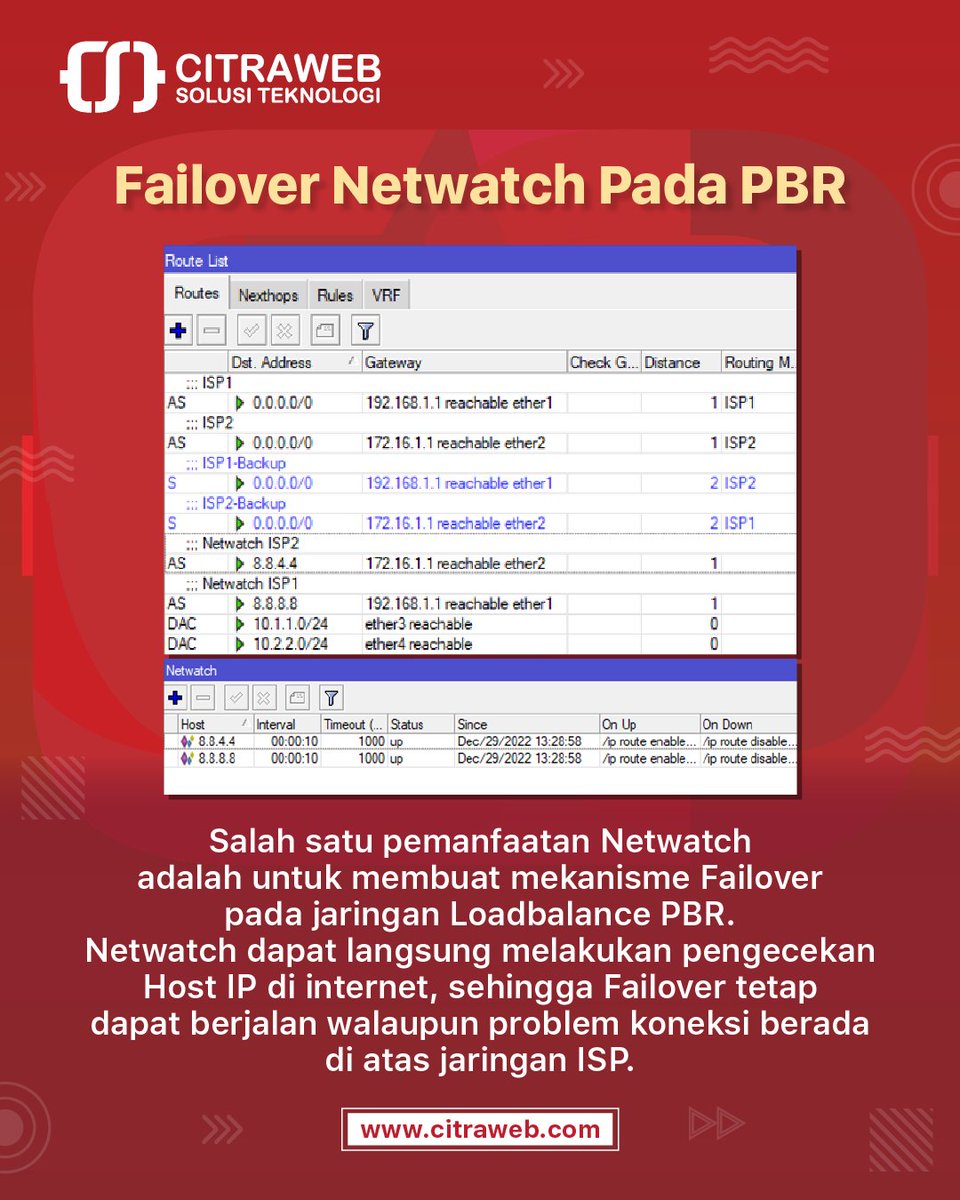 mikrotik_id's tweet image. Kita bisa memanfaatkan #Failover dengan #Netwatch untuk memonitoring suatu alamat IP yang ada di internet sebagai acuan apakah koneksi pada jaringan diatas modem/gateway bisa berjalan normal atau tidak.

Selengkapnya di artikel berikut:
📔citraweb.com/artikel_lihat/…

#PBR #MikroTik